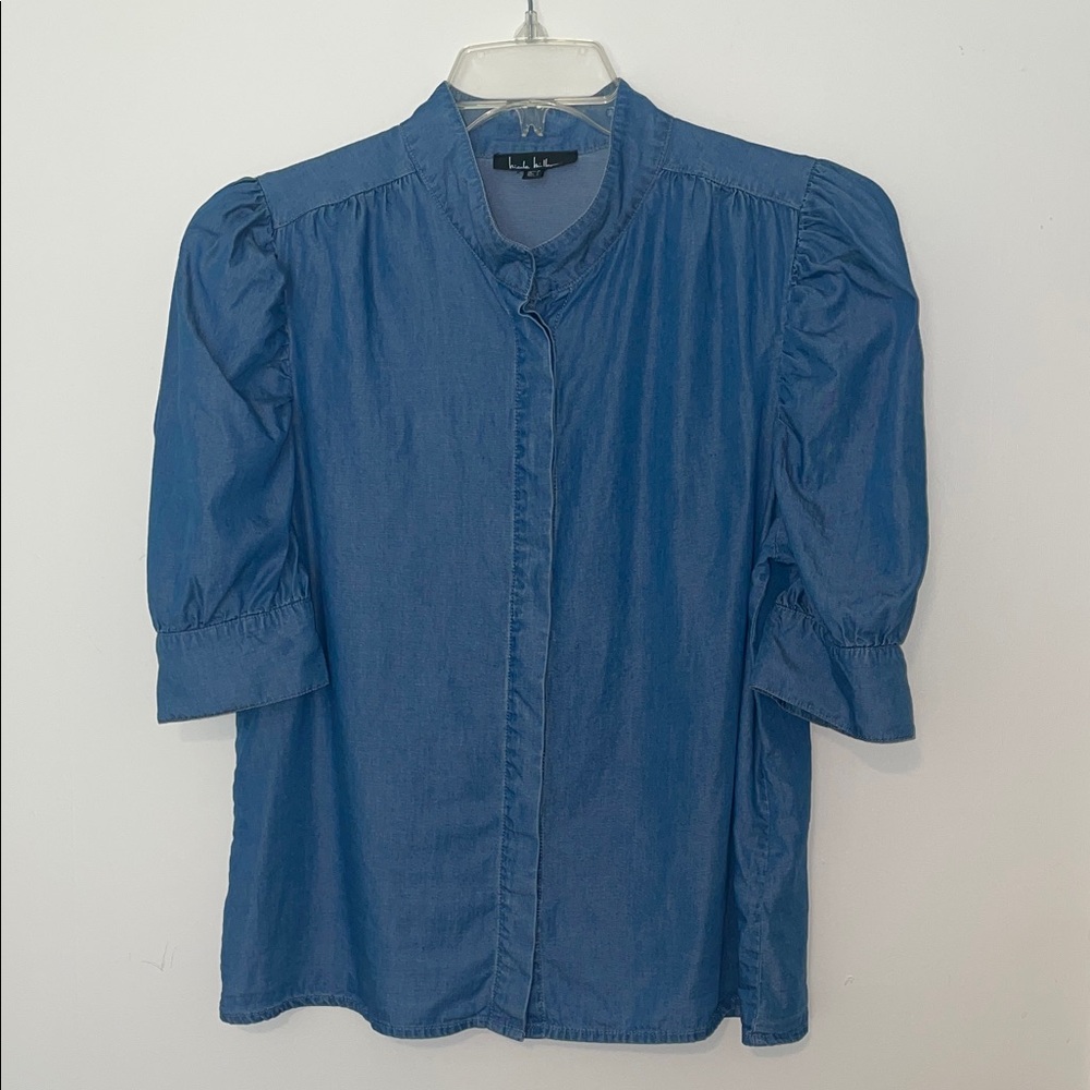Blue Puff-Sleeve Button-Front Women's Top